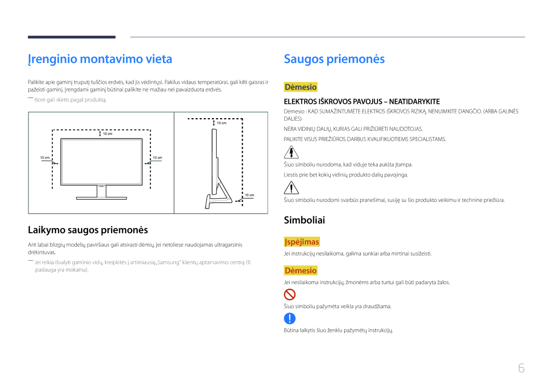 Samsung LS27E370DS/EN, LS24E370DL/EN manual Įrenginio montavimo vieta, Saugos priemonės, Laikymo saugos priemonės, Simboliai 