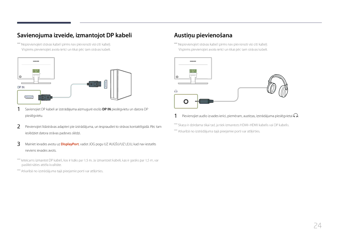 Samsung LS27E370DS/EN manual Savienojuma izveide, izmantojot DP kabeli, Austiņu pievienošana, Neviens ievades avots 
