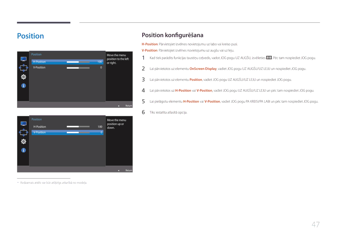 Samsung LS24E370DL/EN, LS27E370DS/EN manual Position konfigurēšana, Position Move the menu, Or right, Down 