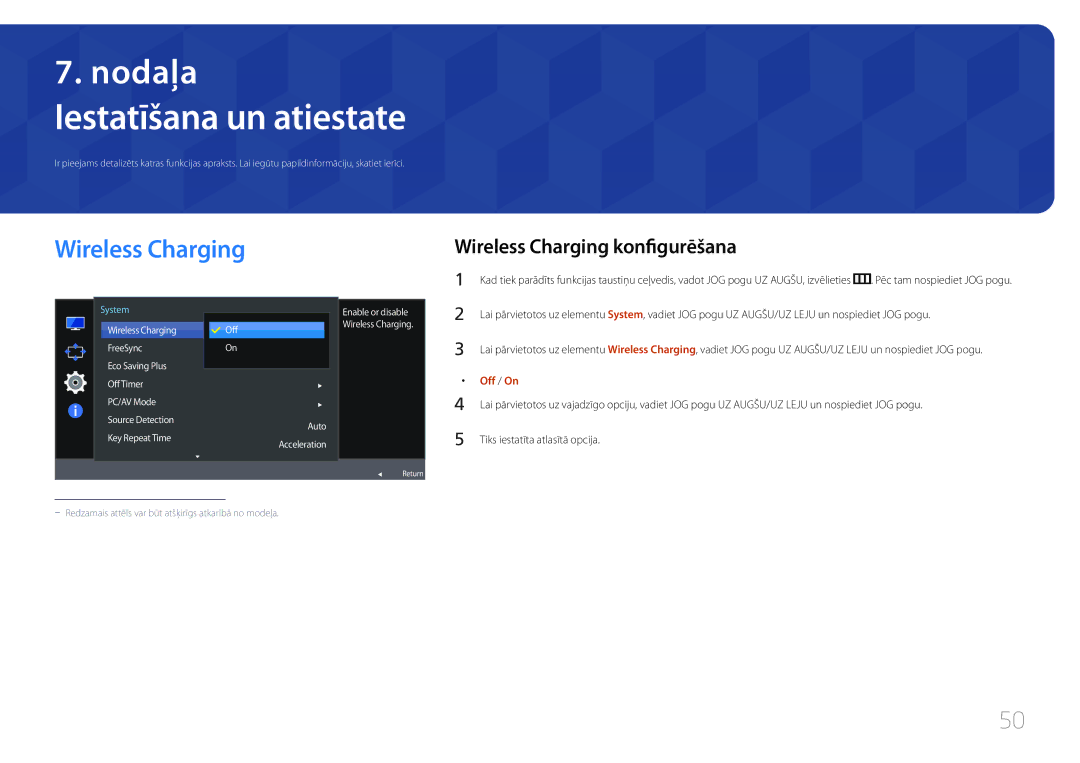 Samsung LS27E370DS/EN, LS24E370DL/EN manual Iestatīšana un atiestate, Wireless Charging konfigurēšana 