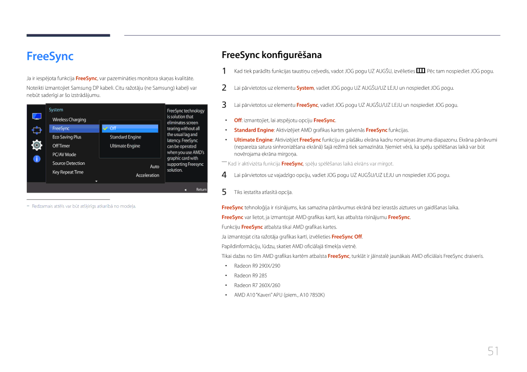 Samsung LS24E370DL/EN, LS27E370DS/EN manual FreeSync konfigurēšana, Funkciju FreeSync atbalsta tikai AMD grafikas kartes 