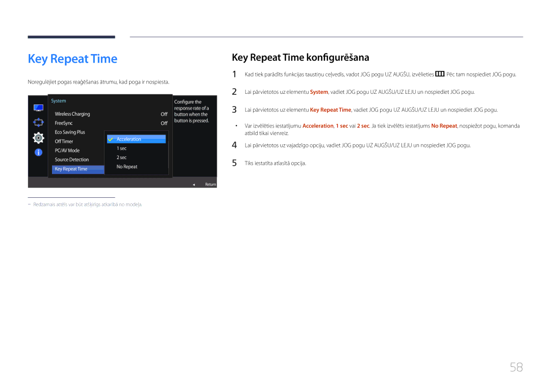Samsung LS27E370DS/EN manual Key Repeat Time konfigurēšana, Noregulējiet pogas reaģēšanas ātrumu, kad poga ir nospiesta 
