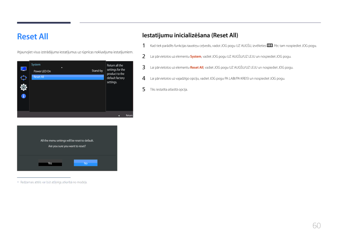 Samsung LS27E370DS/EN, LS24E370DL/EN manual Iestatījumu inicializēšana Reset All, Power LED On Stand-by Reset All 