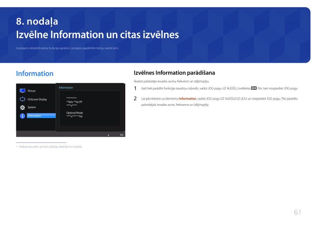 Samsung LS24E370DL/EN, LS27E370DS/EN manual Izvēlne Information un citas izvēlnes, Izvēlnes Information parādīšana 