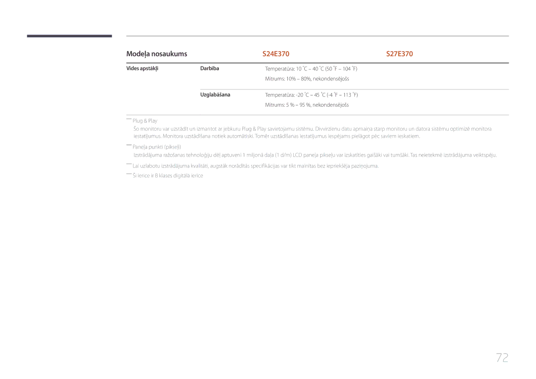 Samsung LS27E370DS/EN, LS24E370DL/EN manual Vides apstākļi Darbība, Uzglabāšana 