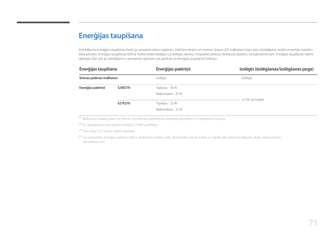 Samsung LS24E370DL/EN manual Enerģijas taupīšana, Strāvas padeves indikators, Enerģijas patēriņš S24E370, S27E370 