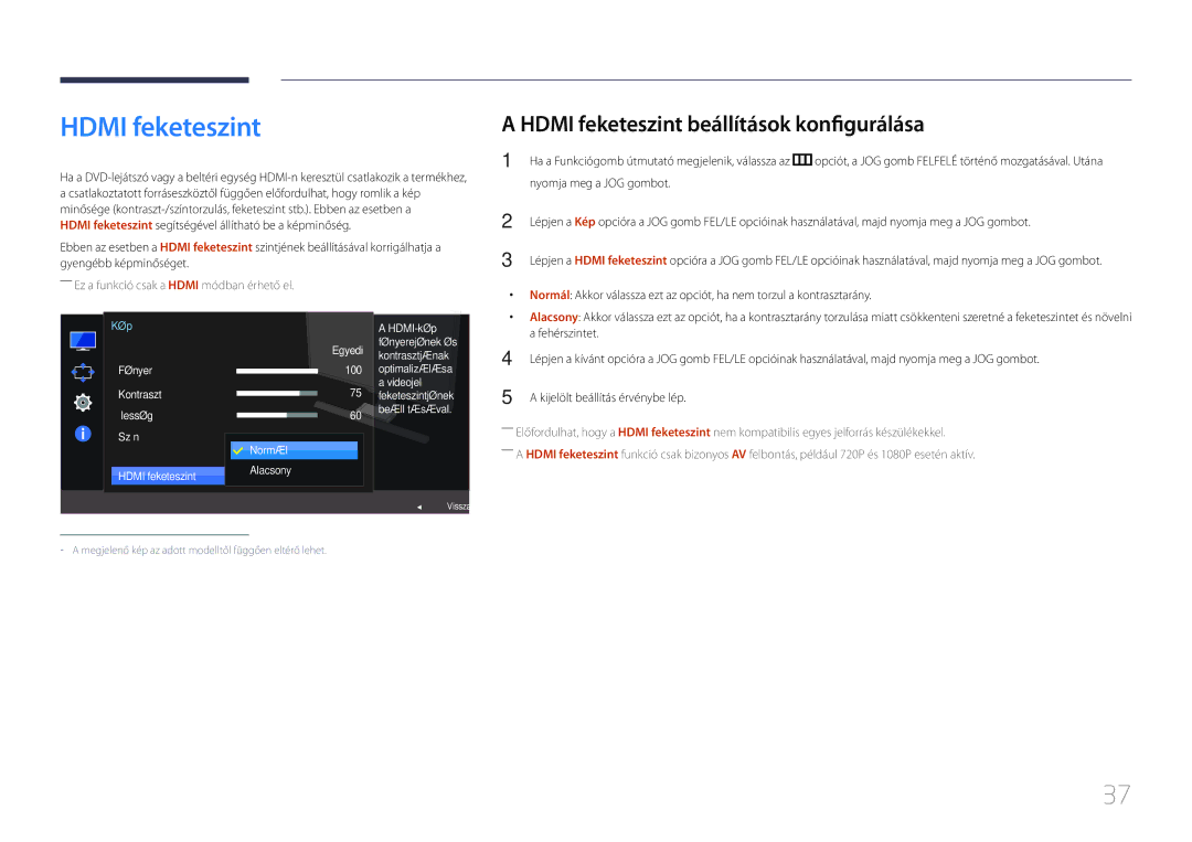 Samsung LS24E370DL/EN, LS27E370DS/EN manual Hdmi feketeszint beállítások konfigurálása, Normál Alacsony 해제 