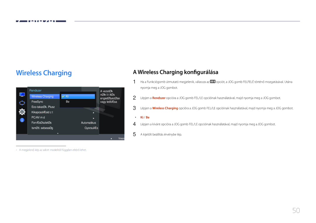 Samsung LS27E370DS/EN, LS24E370DL/EN Beállítás és visszaállítás, Wireless Charging konfigurálása, Automatikus Gyorsulás 