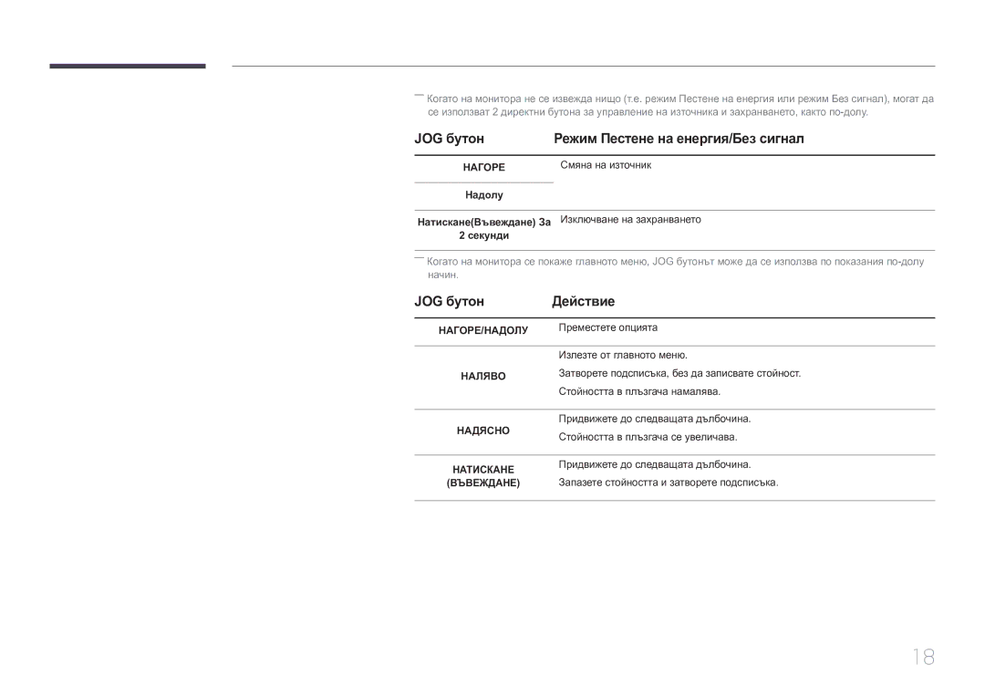 Samsung LS27E370DS/EN manual JOG бутон Режим Пестене на енергия/Без сигнал, JOG бутон Действие, Смяна на източник, Секунди 