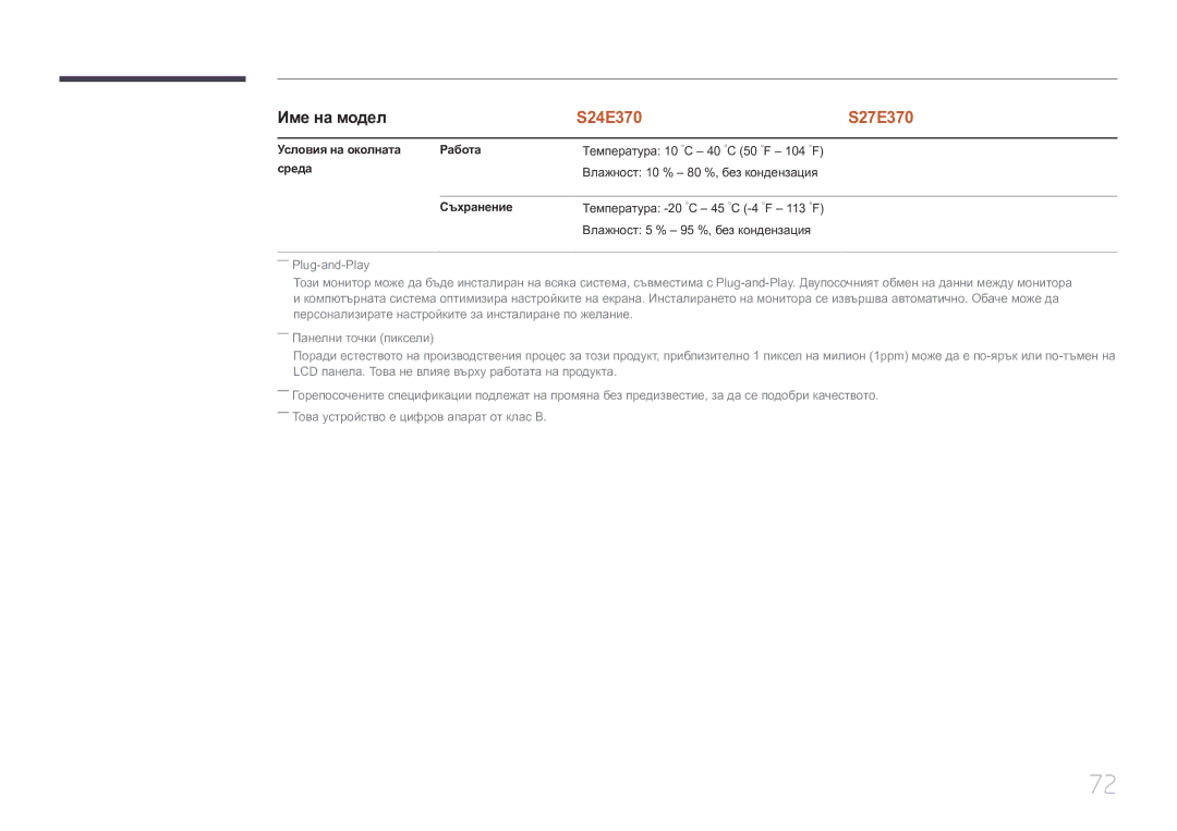 Samsung LS27E370DS/EN manual Условия на околната Работа, Среда, Съхранение 