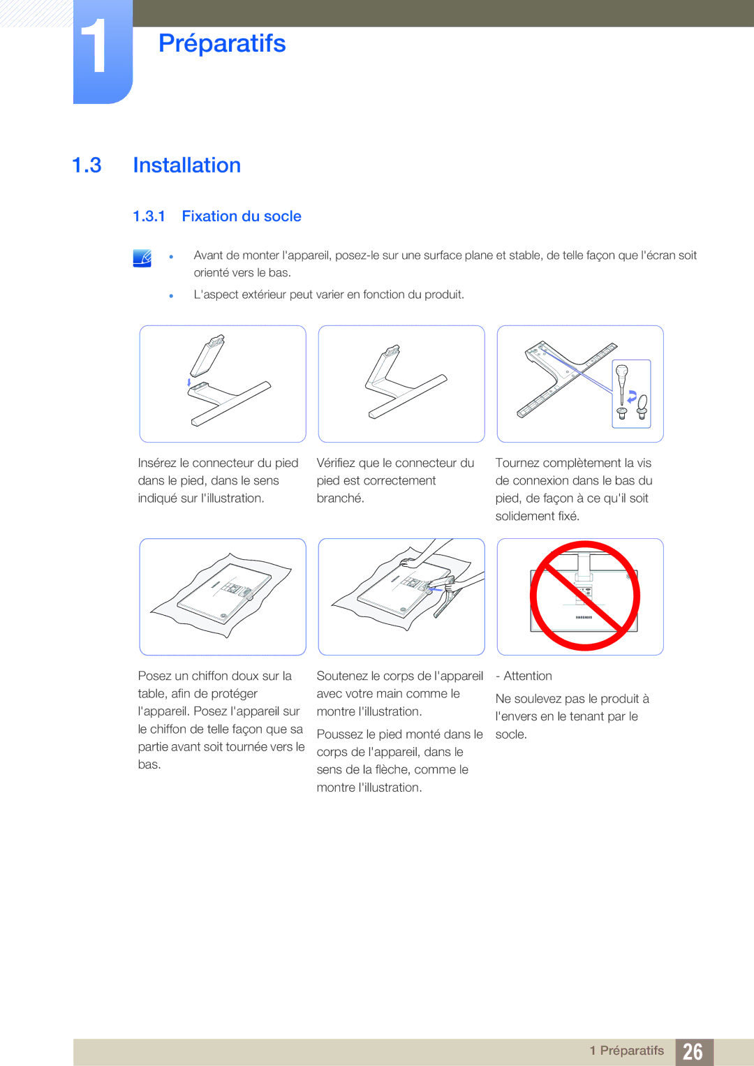 Samsung LS24E391HL/EN, LS27E390HS/EN, LS24E390HL/EN, LS22E390HS/EN, LS27E391HS/EN manual Installation, Fixation du socle 