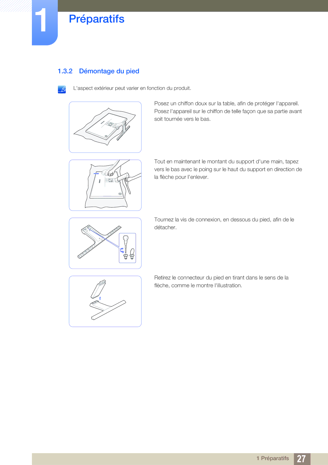 Samsung LS22E390HS/EN, LS27E390HS/EN, LS24E390HL/EN, LS24E391HL/EN, LS27E391HS/EN, LS22E391HS/EN manual 2 Démontage du pied 