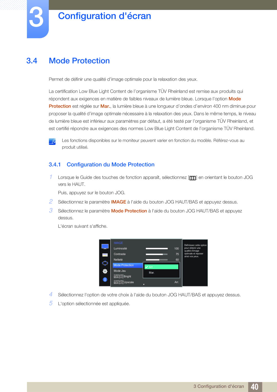 Samsung LS27E391HS/EN, LS27E390HS/EN, LS24E390HL/EN, LS24E391HL/EN, LS22E390HS/EN manual Configuration du Mode Protection 