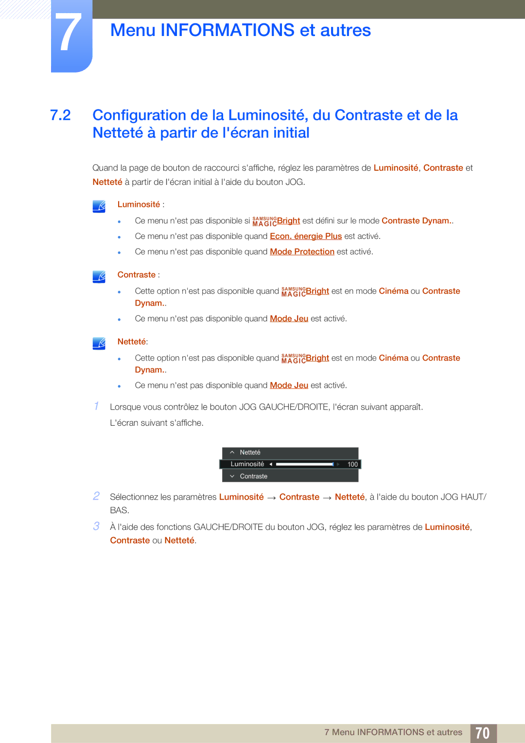 Samsung LS27E391HS/EN, LS27E390HS/EN, LS24E390HL/EN, LS24E391HL/EN, LS22E390HS/EN, LS22E391HS/EN manual Luminosité 