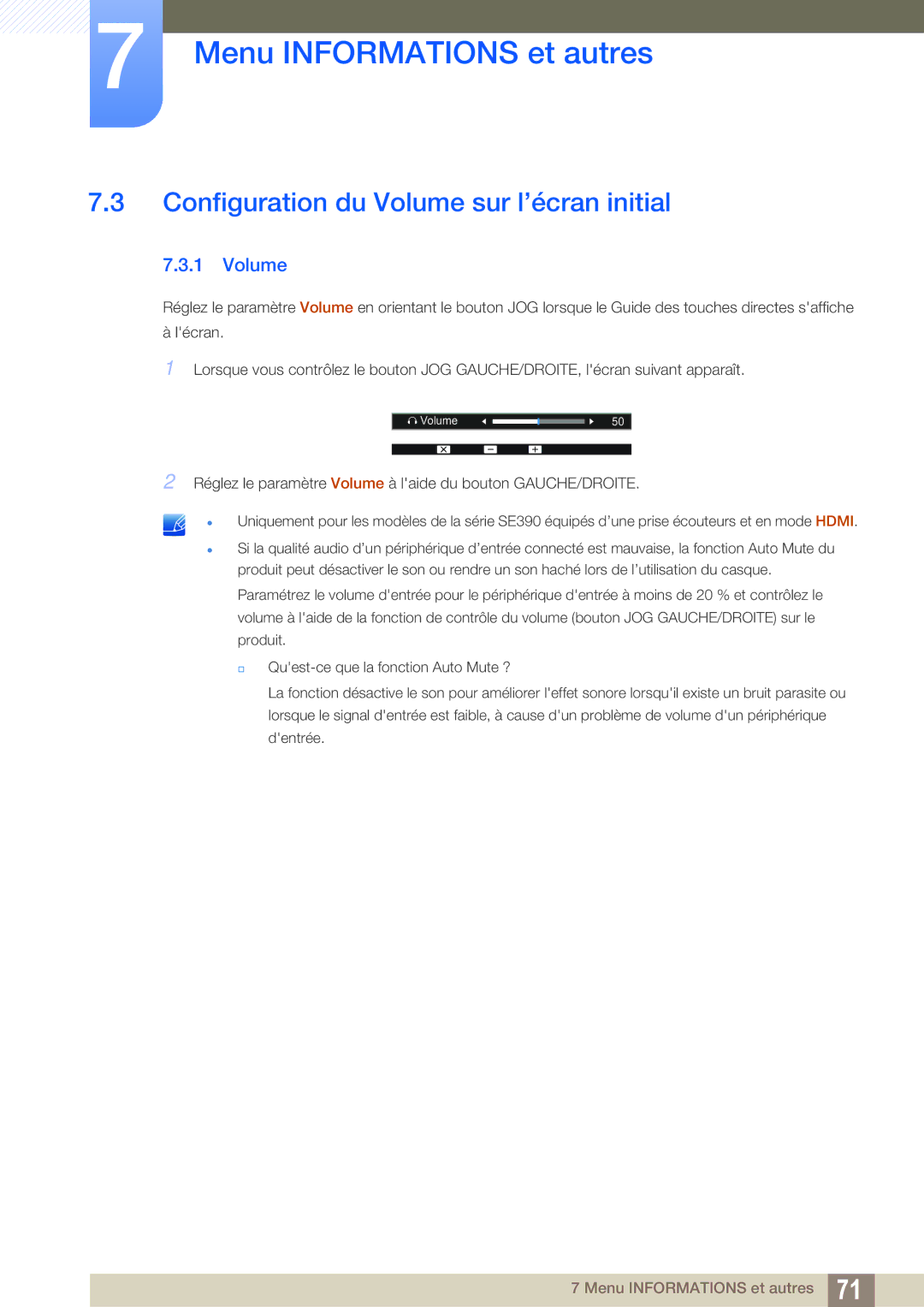 Samsung LS22E391HS/EN, LS27E390HS/EN, LS24E390HL/EN, LS24E391HL/EN, LS22E390HS/EN Configuration du Volume sur l’écran initial 