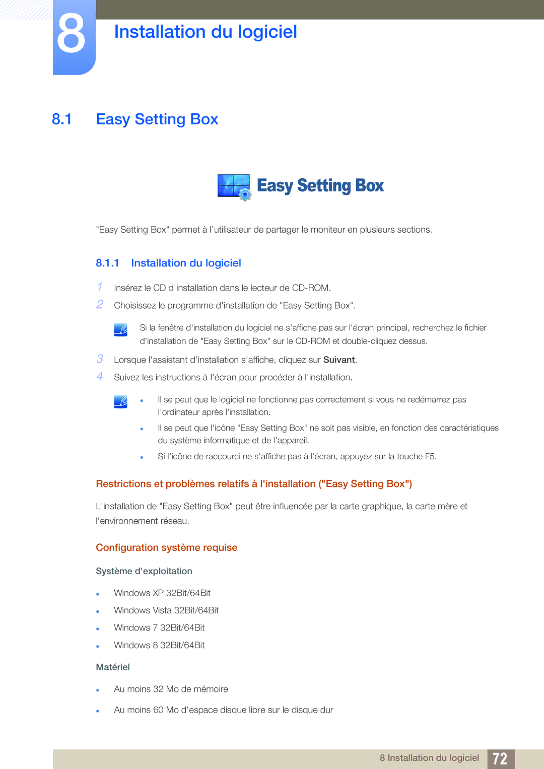 Samsung LS27E390HS/EN, LS24E390HL/EN, LS24E391HL/EN, LS22E390HS/EN, LS27E391HS/EN Installation du logiciel, Easy Setting Box 