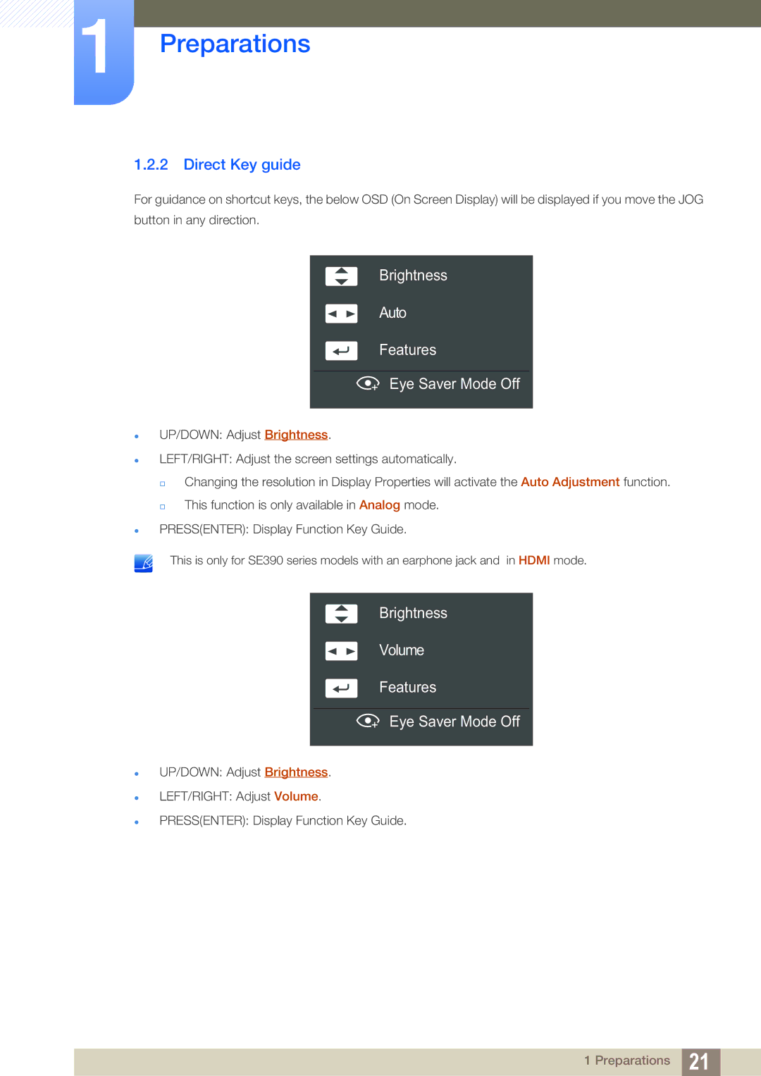 Samsung LS27E390HSO/RU, LS27E390HS/EN, LS24E390HL/EN manual Direct Key guide, Brightness Auto Features Eye Saver Mode Off 