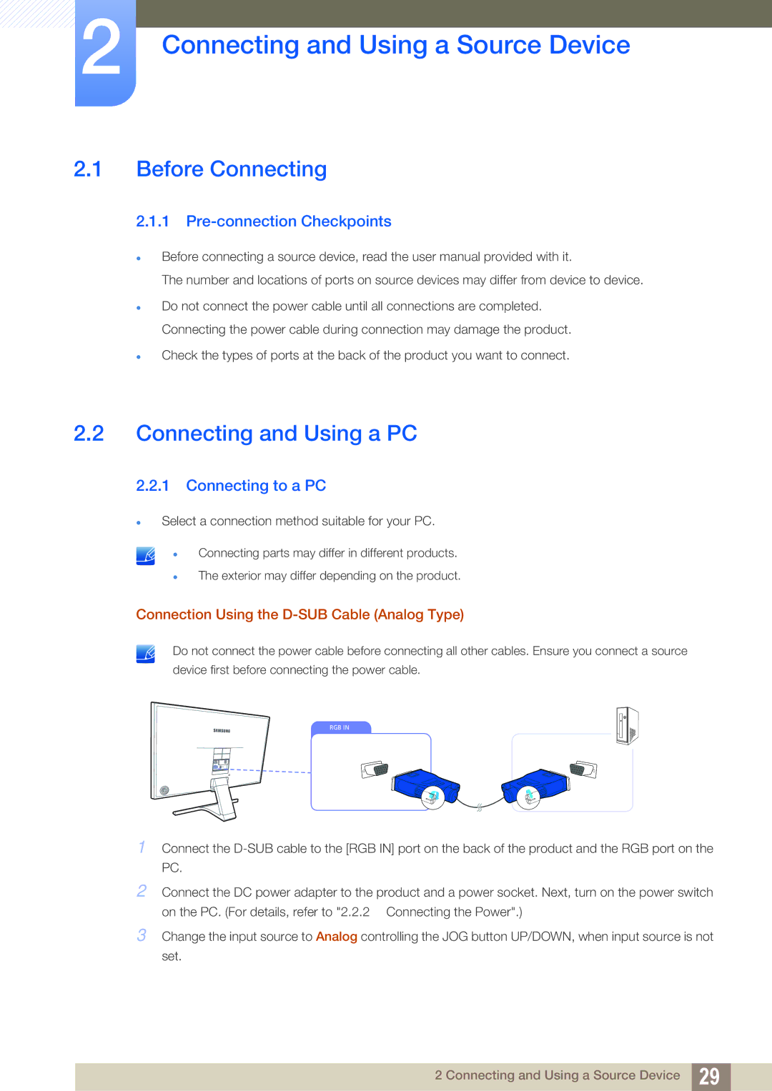 Samsung LS27E390HS/CH, LS27E390HS/EN Connecting and Using a Source Device, Before Connecting, Connecting and Using a PC 