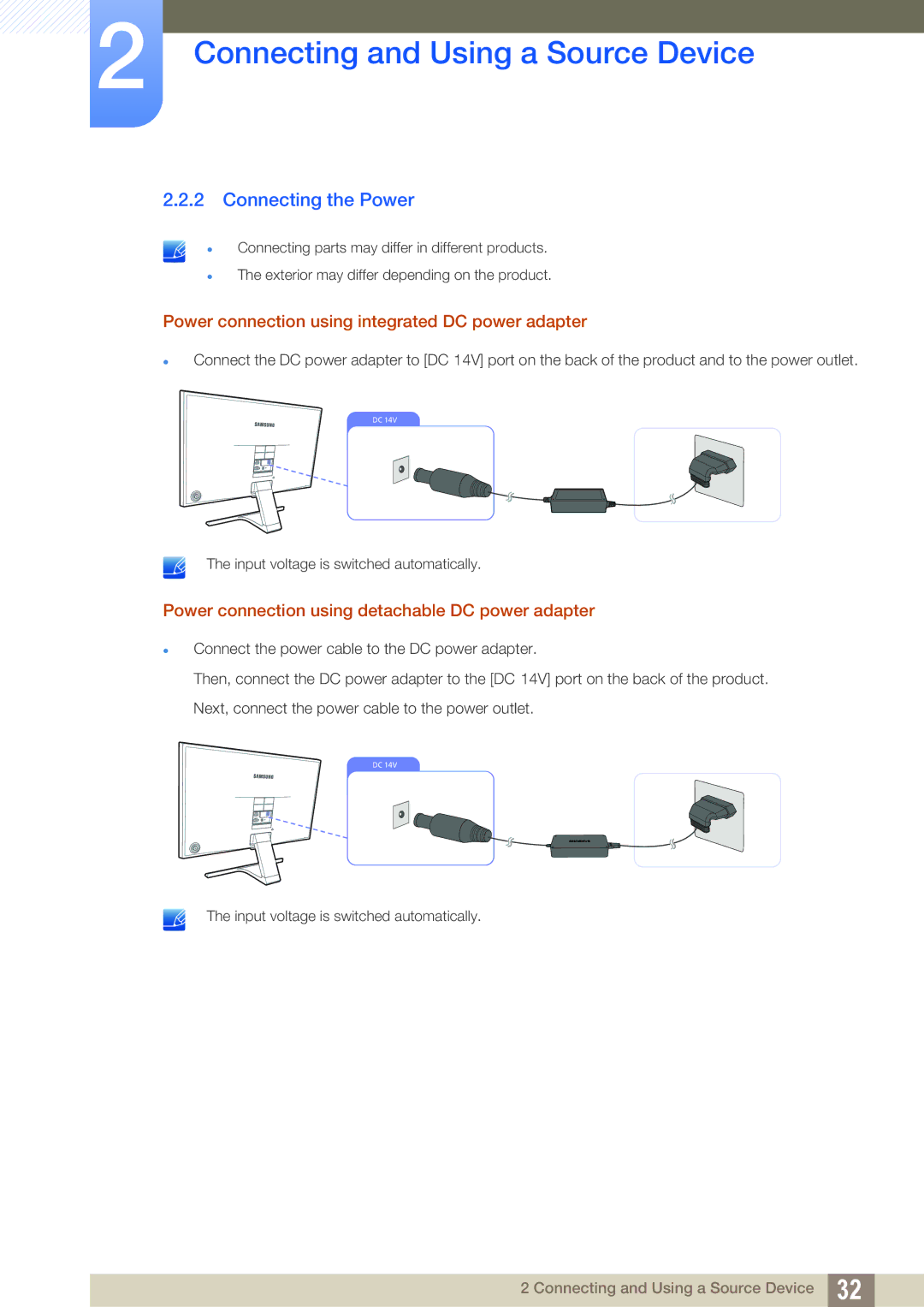 Samsung LS24E391HL/EN, LS27E390HS/EN manual Connecting the Power, Power connection using integrated DC power adapter 