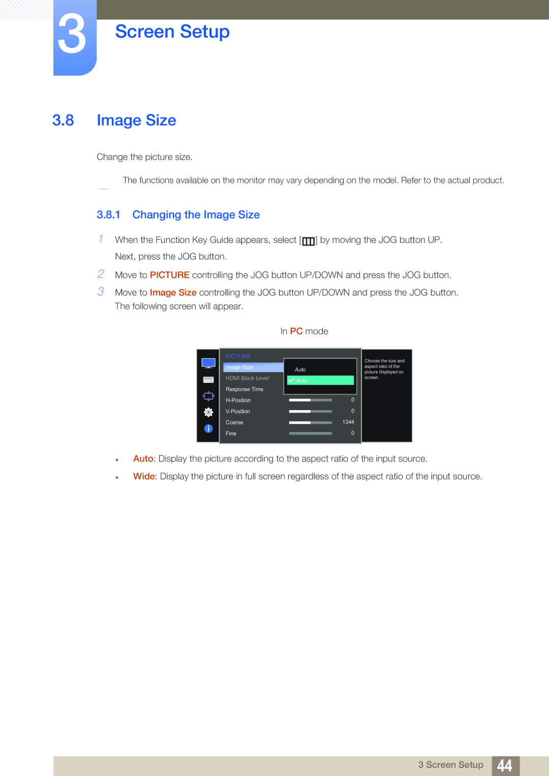 Samsung LS24E390HL/XV, LS27E390HS/EN, LS24E390HL/EN, LS24E391HL/EN, LS22E390HS/EN, LS27E391HS/EN Changing the Image Size 