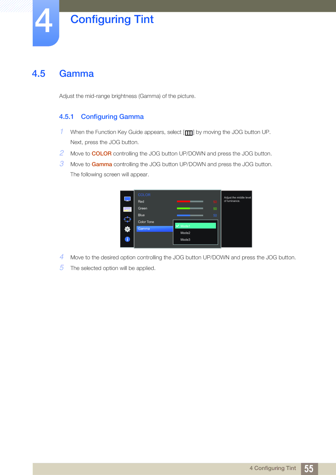 Samsung LS27E391HSX/CI, LS27E390HS/EN, LS24E390HL/EN, LS24E391HL/EN, LS22E390HS/EN, LS27E391HS/EN manual Configuring Gamma 