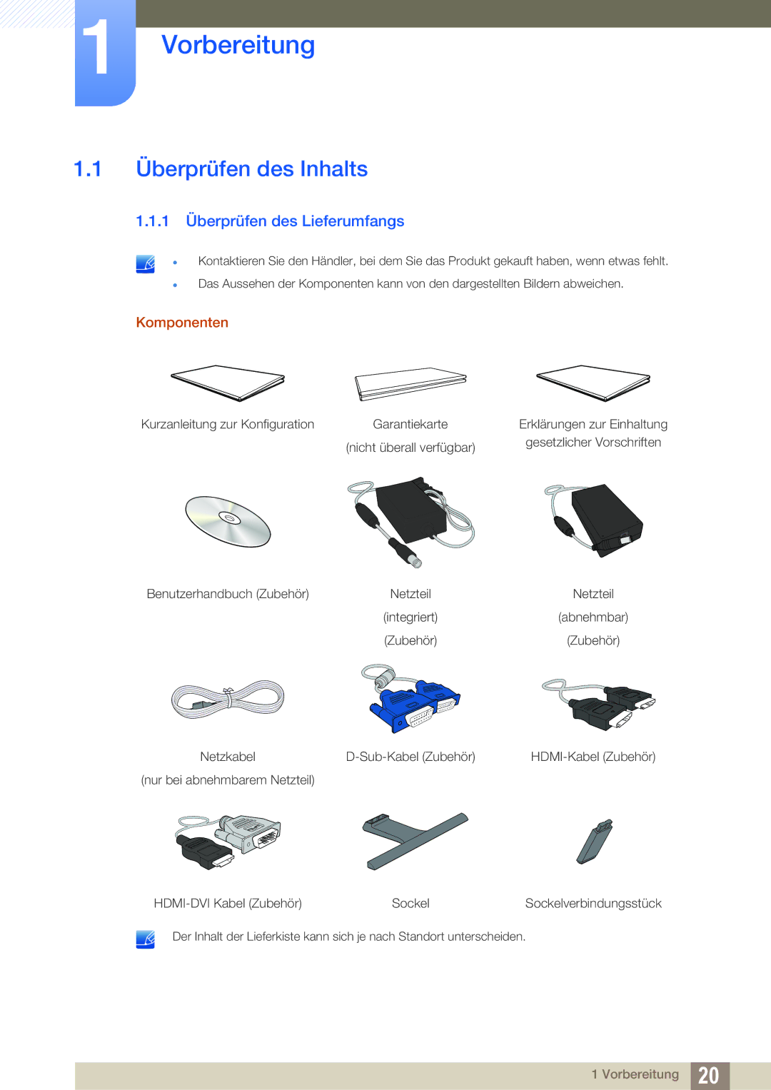 Samsung LS24E391HL/EN, LS27E390HS/EN Vorbereitung, Überprüfen des Inhalts, 1 Überprüfen des Lieferumfangs, Komponenten 