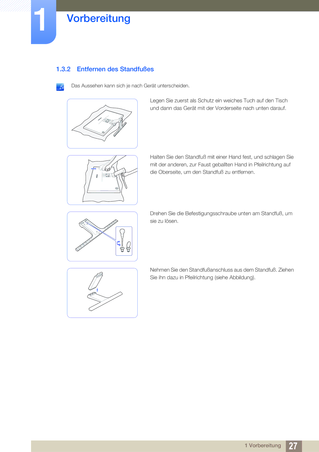 Samsung LS22E390HS/EN, LS27E390HS/EN, LS24E390HL/EN, LS24E391HL/EN, LS27E391HS/EN, LS22E391HS/EN manual Entfernen des Standfußes 