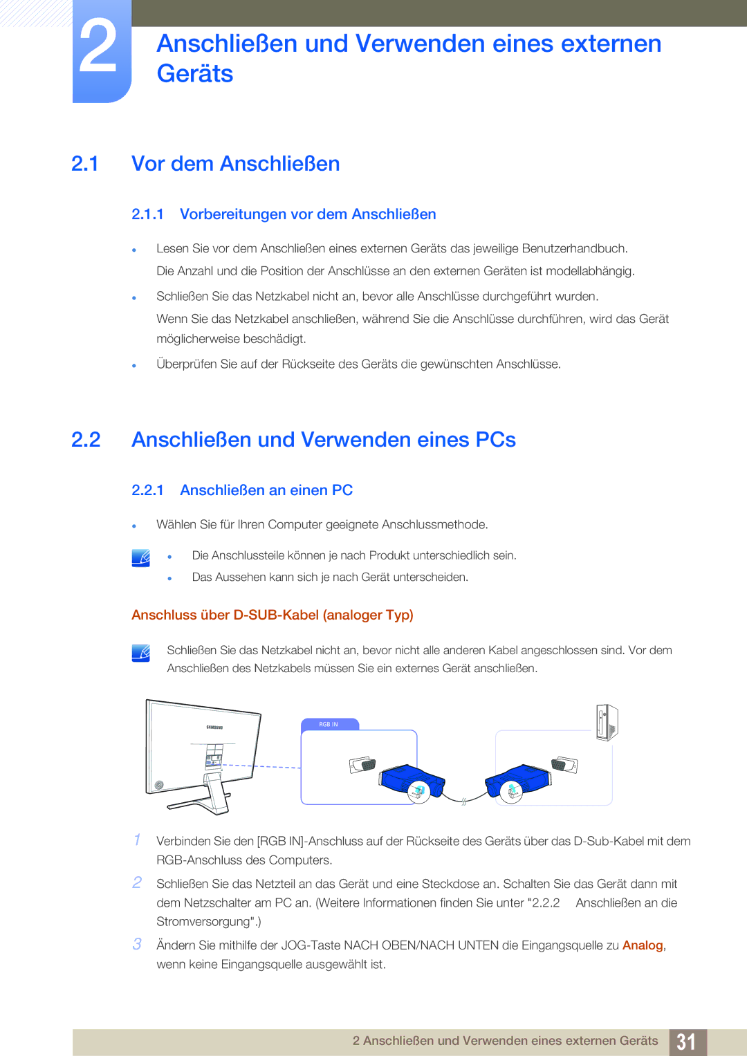 Samsung LS24E390HL/EN manual AnschließenGeräts und Verwenden eines externen, Vor dem Anschließen, Anschließen an einen PC 