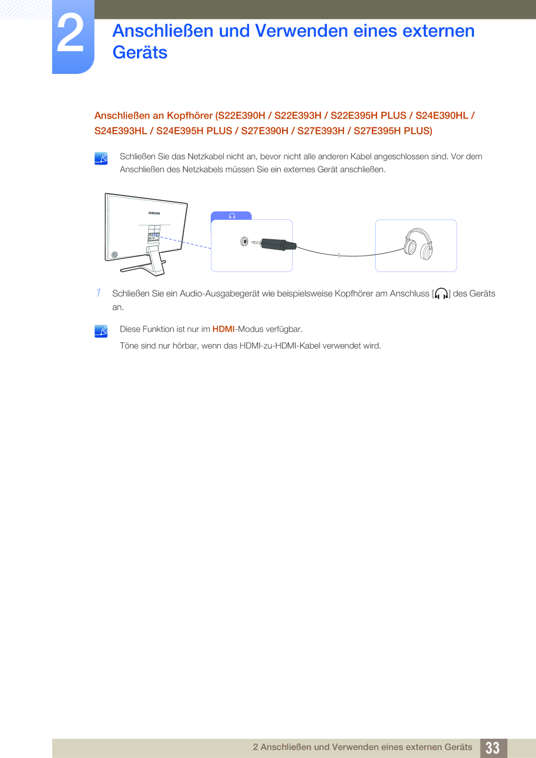 Samsung LS22E390HS/EN, LS27E390HS/EN, LS24E390HL/EN, LS24E391HL/EN manual AnschließenGeräts und Verwenden eines externen 