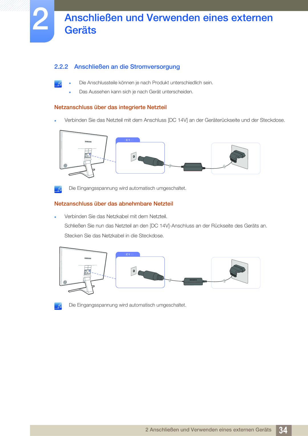 Samsung LS27E391HS/EN, LS27E390HS/EN manual Anschließen an die Stromversorgung, Netzanschluss über das integrierte Netzteil 