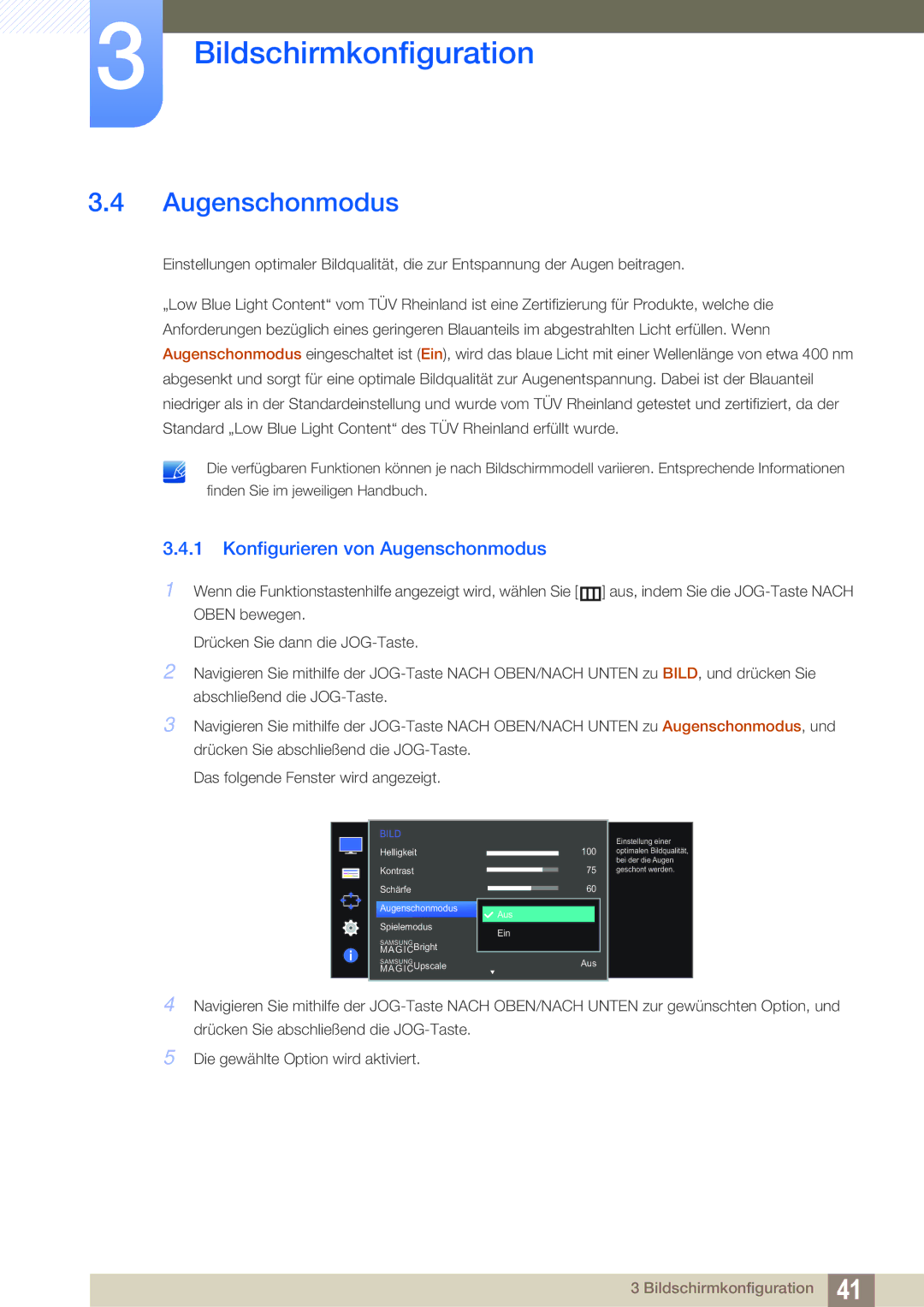 Samsung LS22E391HS/EN, LS27E390HS/EN, LS24E390HL/EN, LS24E391HL/EN, LS22E390HS/EN manual Konfigurieren von Augenschonmodus 