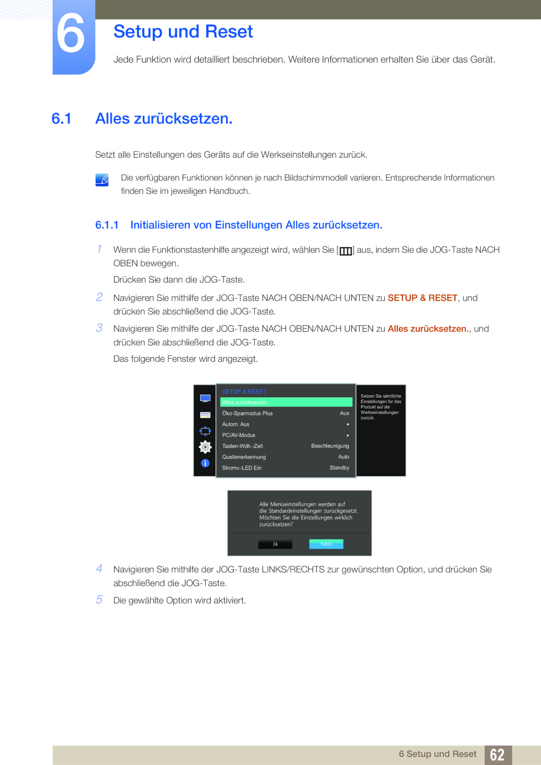 Samsung LS24E391HL/EN, LS27E390HS/EN manual Setup und Reset, Initialisieren von Einstellungen Alles zurücksetzen 