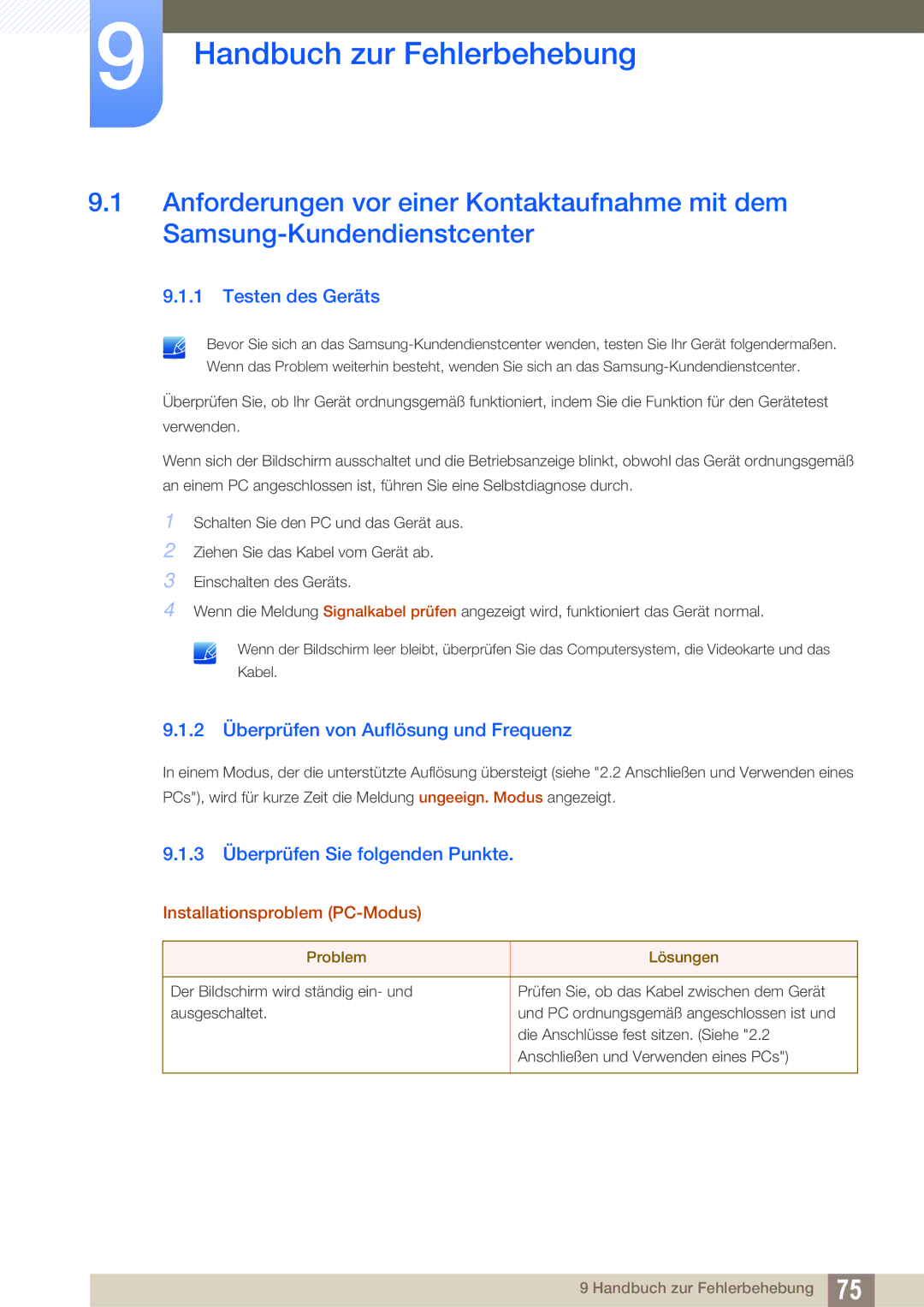 Samsung LS22E390HS/EN manual Handbuch zur Fehlerbehebung, Testen des Geräts, 2 Überprüfen von Auflösung und Frequenz 