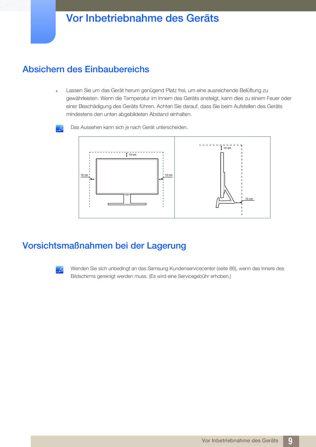 Samsung LS22E390HS/EN, LS27E390HS/EN, LS24E390HL/EN manual Absichern des Einbaubereichs, Vorsichtsmaßnahmen bei der Lagerung 