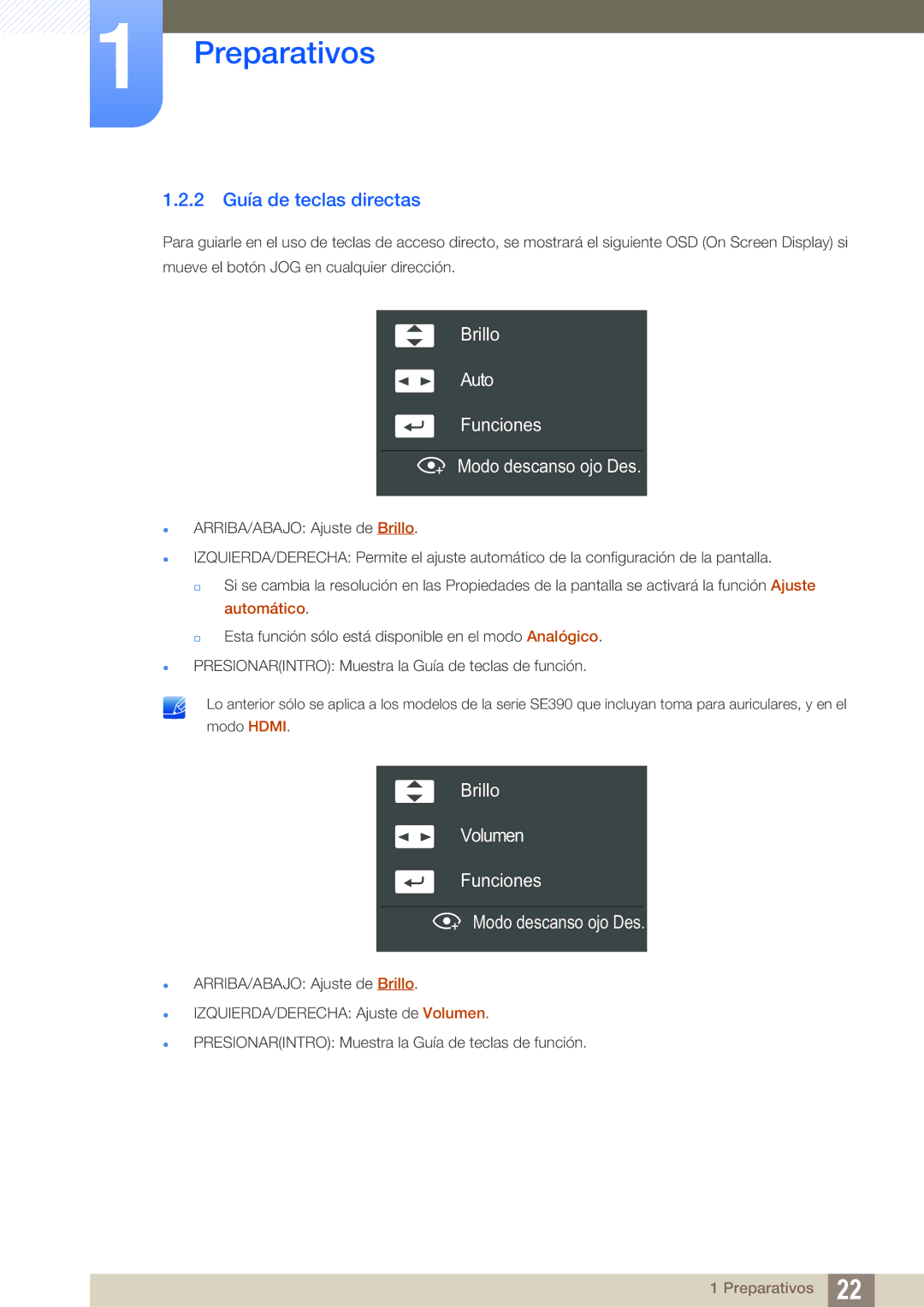 Samsung LS27E391HS/EN, LS27E390HS/EN, LS24E390HL/EN 2 Guía de teclas directas, Brillo Auto Funciones Modo descanso ojo Des 