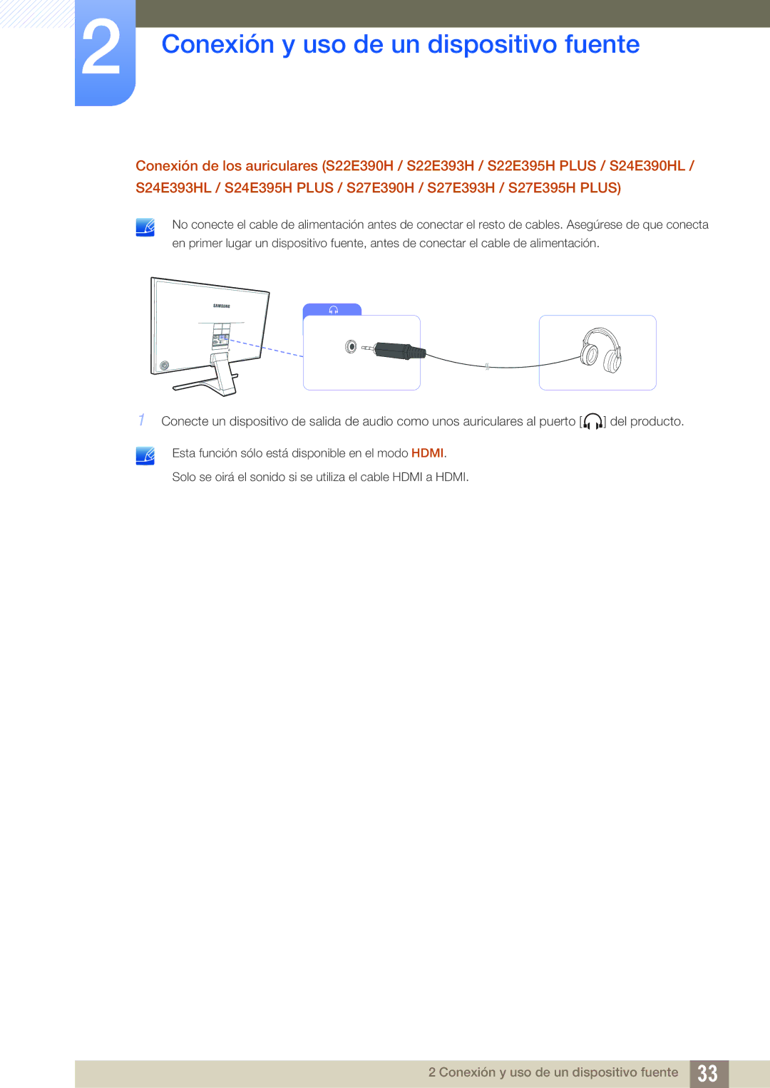 Samsung LS22E390HS/EN, LS27E390HS/EN, LS24E390HL/EN, LS24E391HL/EN, LS27E391HS/EN Conexión y uso de un dispositivo fuente 