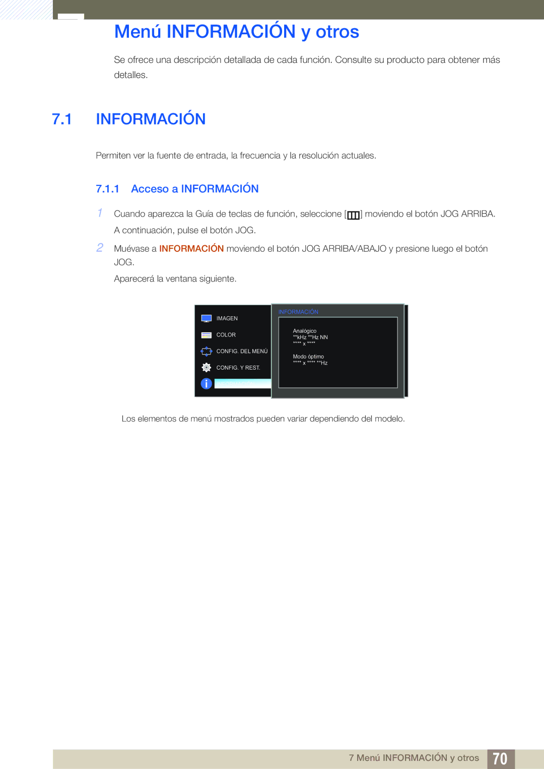 Samsung LS27E391HS/EN, LS27E390HS/EN, LS24E390HL/EN, LS24E391HL/EN manual Menú Información y otros, Acceso a Información 