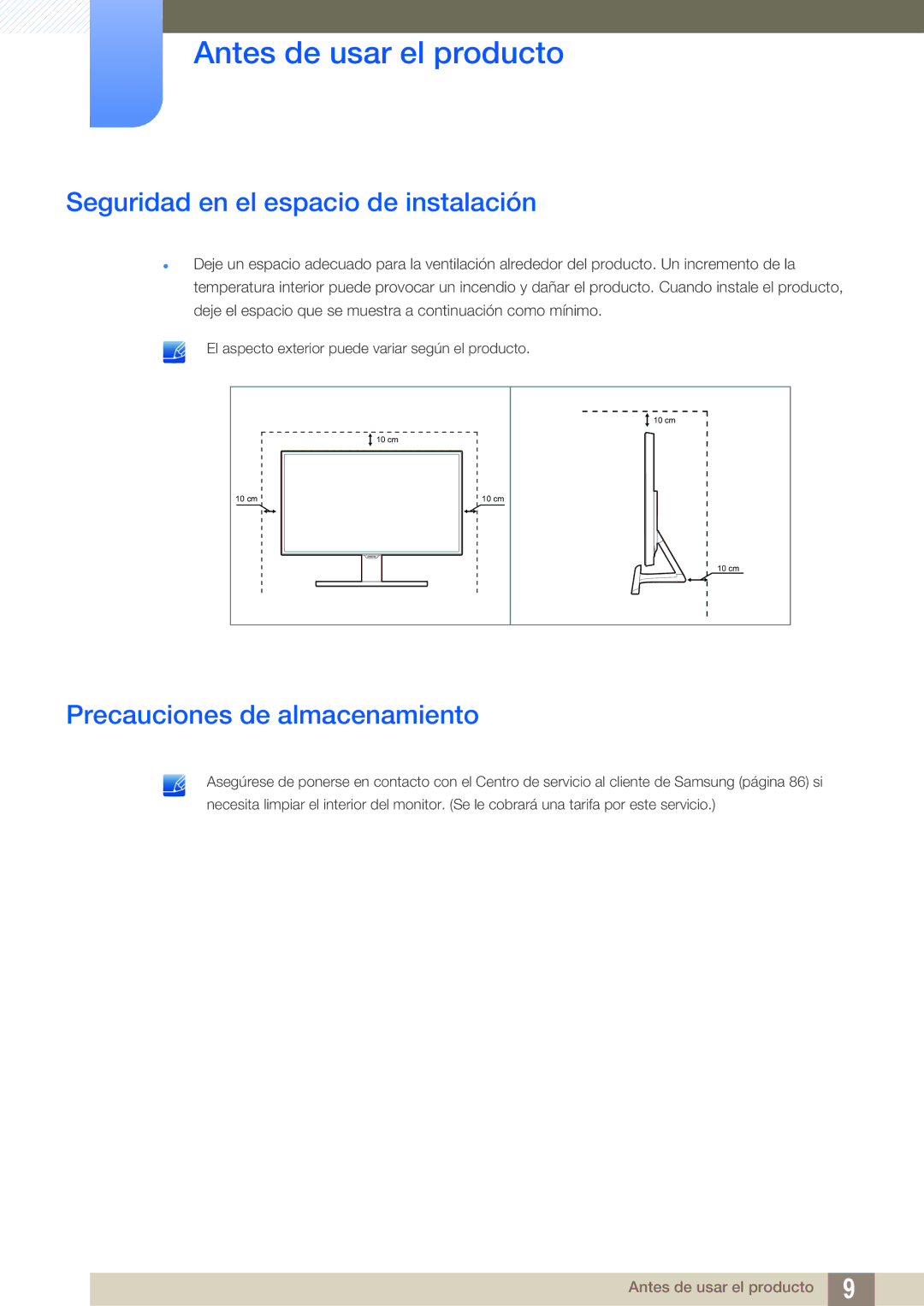 Samsung LS22E390HS/EN, LS27E390HS/EN, LS24E390HL/EN Seguridad en el espacio de instalación, Precauciones de almacenamiento 