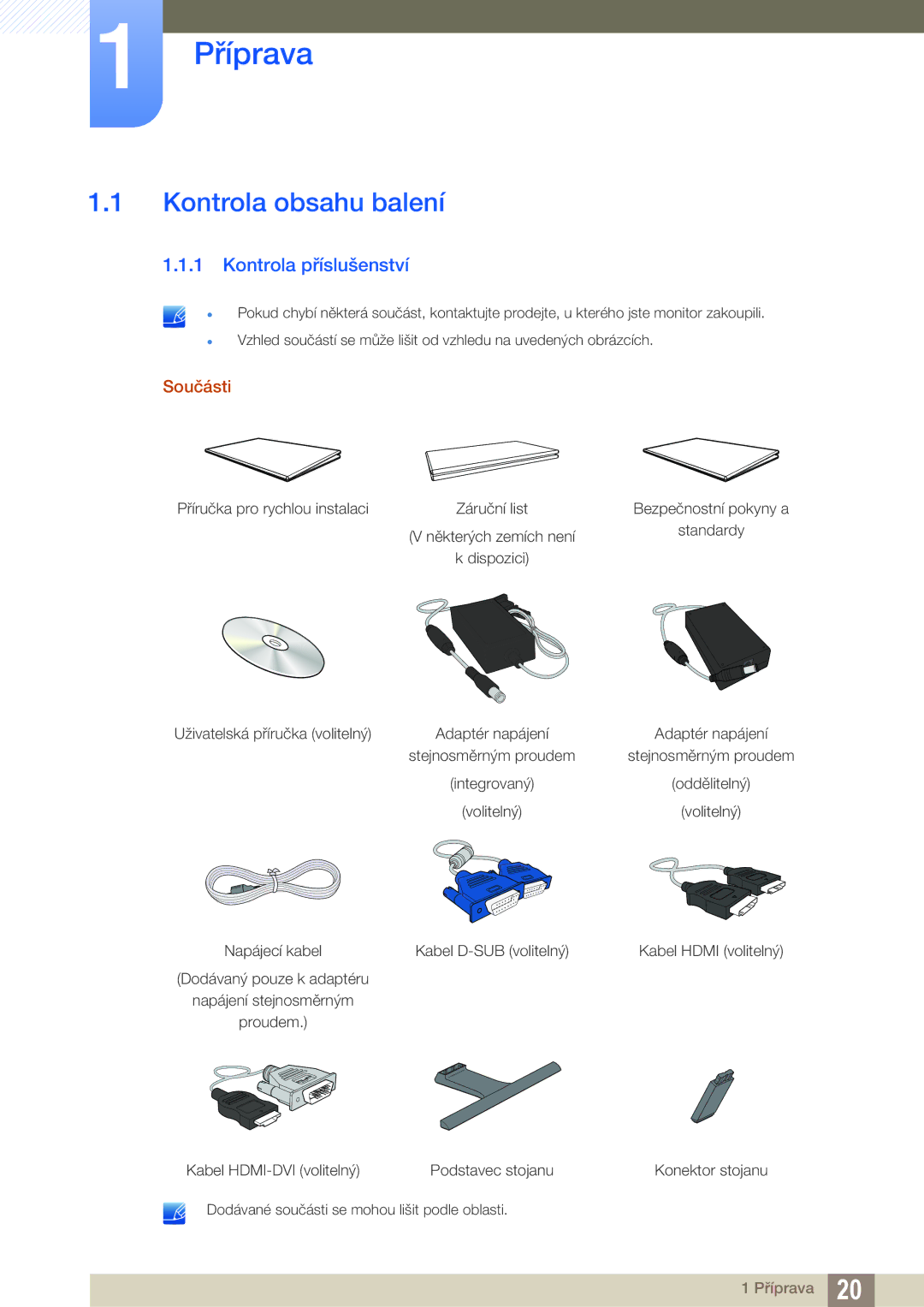 Samsung LT24E390EI/EN, LS27E390HS/EN, LS24E390HL/EN manual Příprava, Kontrola obsahu balení, Kontrola příslušenství, Součásti 