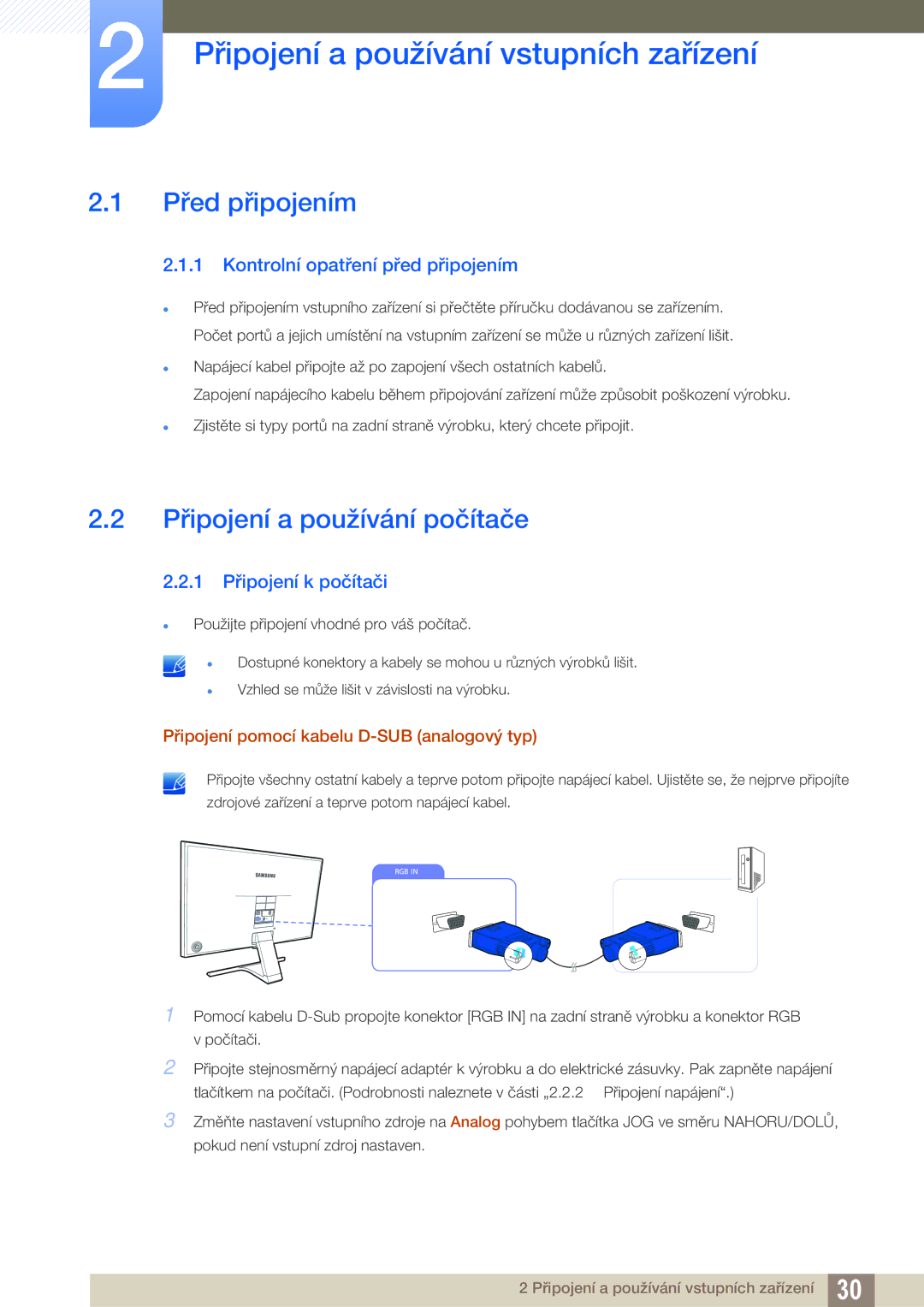 Samsung LS24E391HL/EN manual Připojení a používání vstupních zařízení, Před připojením, Připojení a používání počítače 