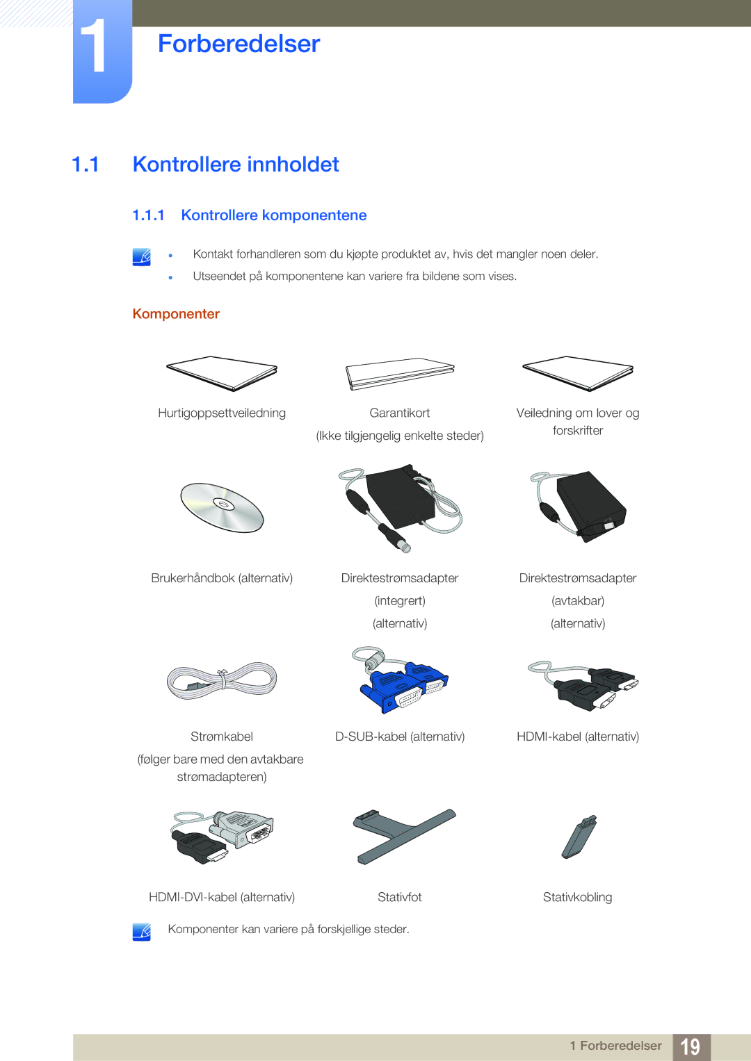 Samsung LS24E390HL/EN, LS27E390HS/EN manual Forberedelser, Kontrollere innholdet, Kontrollere komponentene, Komponenter 