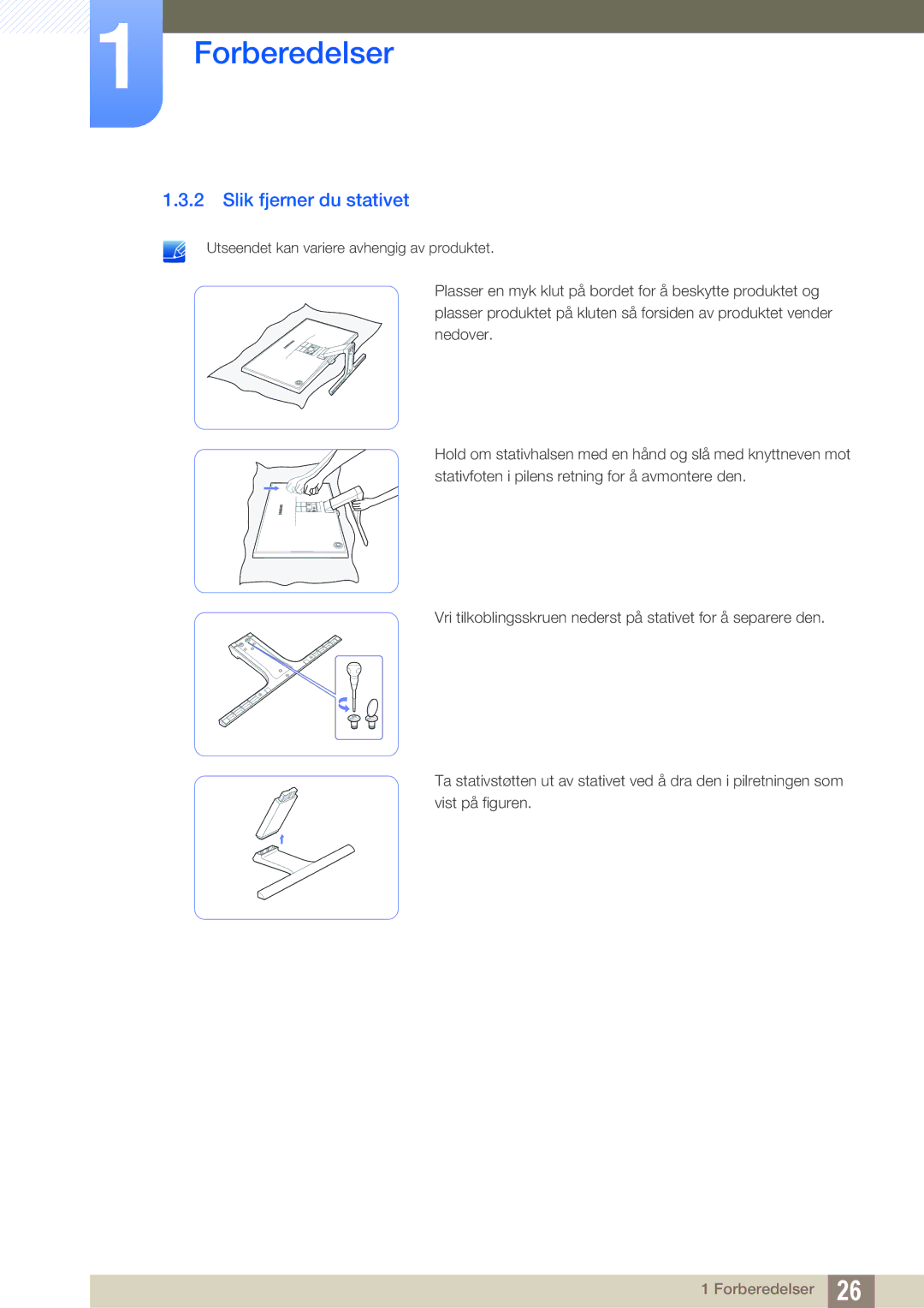 Samsung LS24E391HL/EN, LS27E390HS/EN, LS24E390HL/EN, LS22E390HS/EN, LS27E391HS/EN, LS22E391HS/EN manual Slik fjerner du stativet 