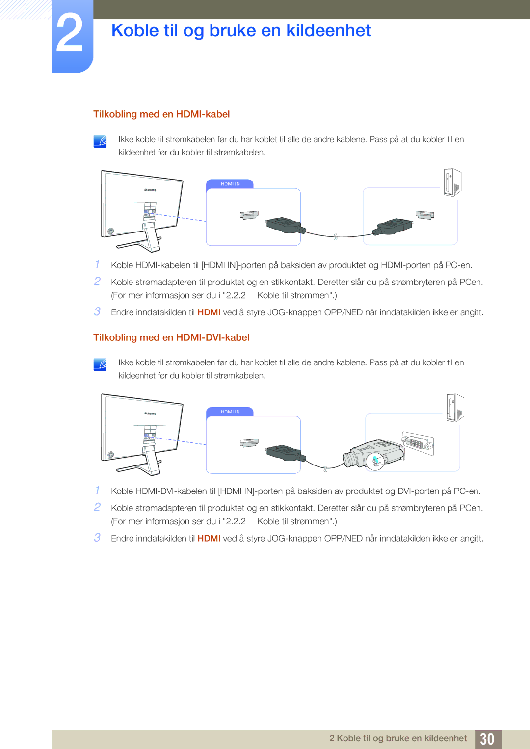 Samsung LS27E390HS/EN, LS24E390HL/EN, LS24E391HL/EN manual Tilkobling med en HDMI-kabel, Tilkobling med en HDMI-DVI-kabel 