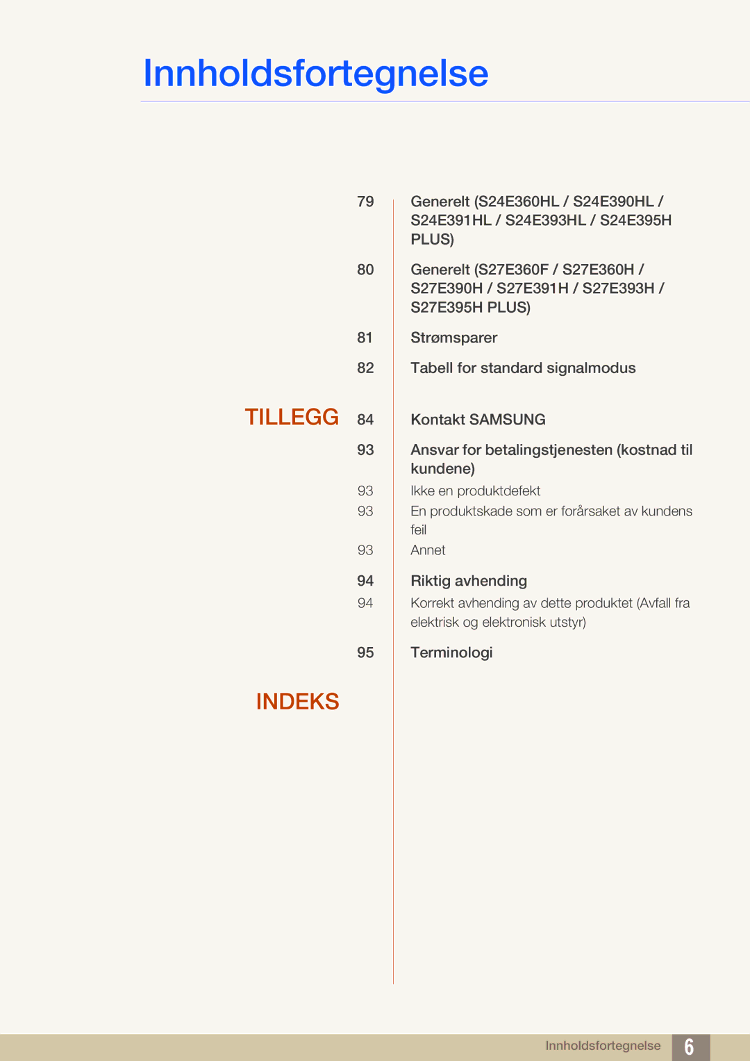 Samsung LS27E390HS/EN, LS24E390HL/EN, LS24E391HL/EN, LS22E390HS/EN, LS27E391HS/EN, LS22E391HS/EN manual Tillegg Indeks 