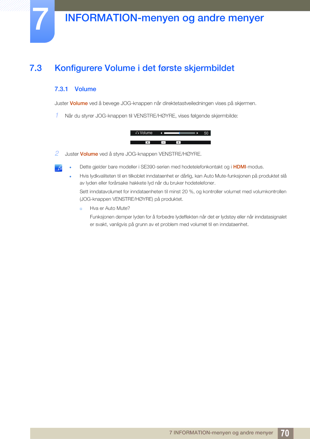 Samsung LS27E391HS/EN, LS27E390HS/EN, LS24E390HL/EN, LS24E391HL/EN manual Konfigurere Volume i det første skjermbildet 