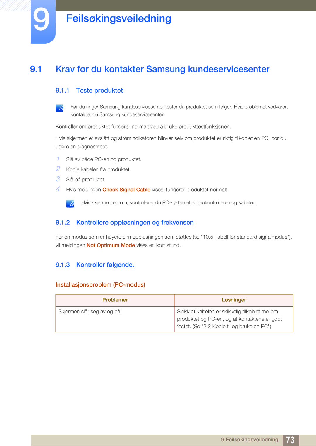 Samsung LS24E390HL/EN manual Feilsøkingsveiledning, Krav før du kontakter Samsung kundeservicesenter, Teste produktet 