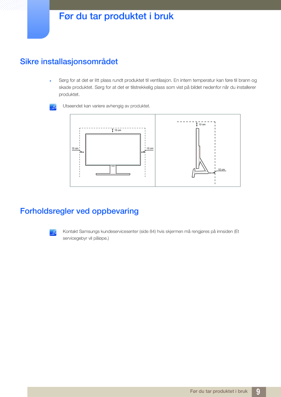 Samsung LS22E390HS/EN, LS27E390HS/EN, LS24E390HL/EN manual Sikre installasjonsområdet, Forholdsregler ved oppbevaring 