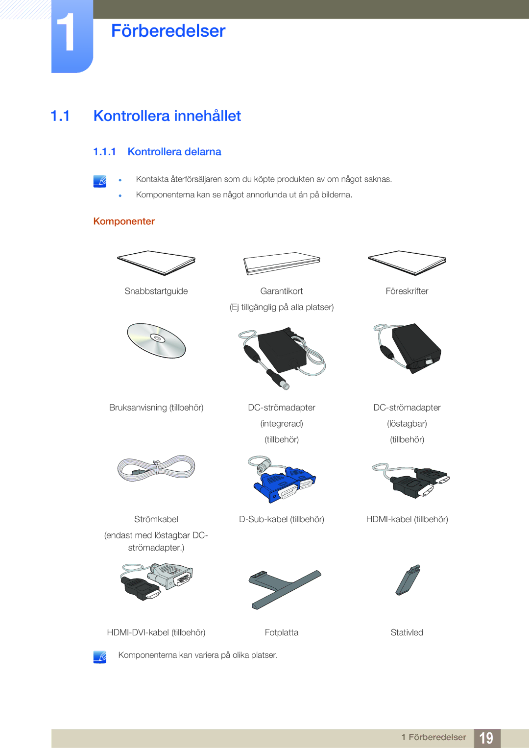 Samsung LS24E390HL/EN, LS27E390HS/EN, LS24E391HL/EN Förberedelser, Kontrollera innehållet, Kontrollera delarna, Komponenter 