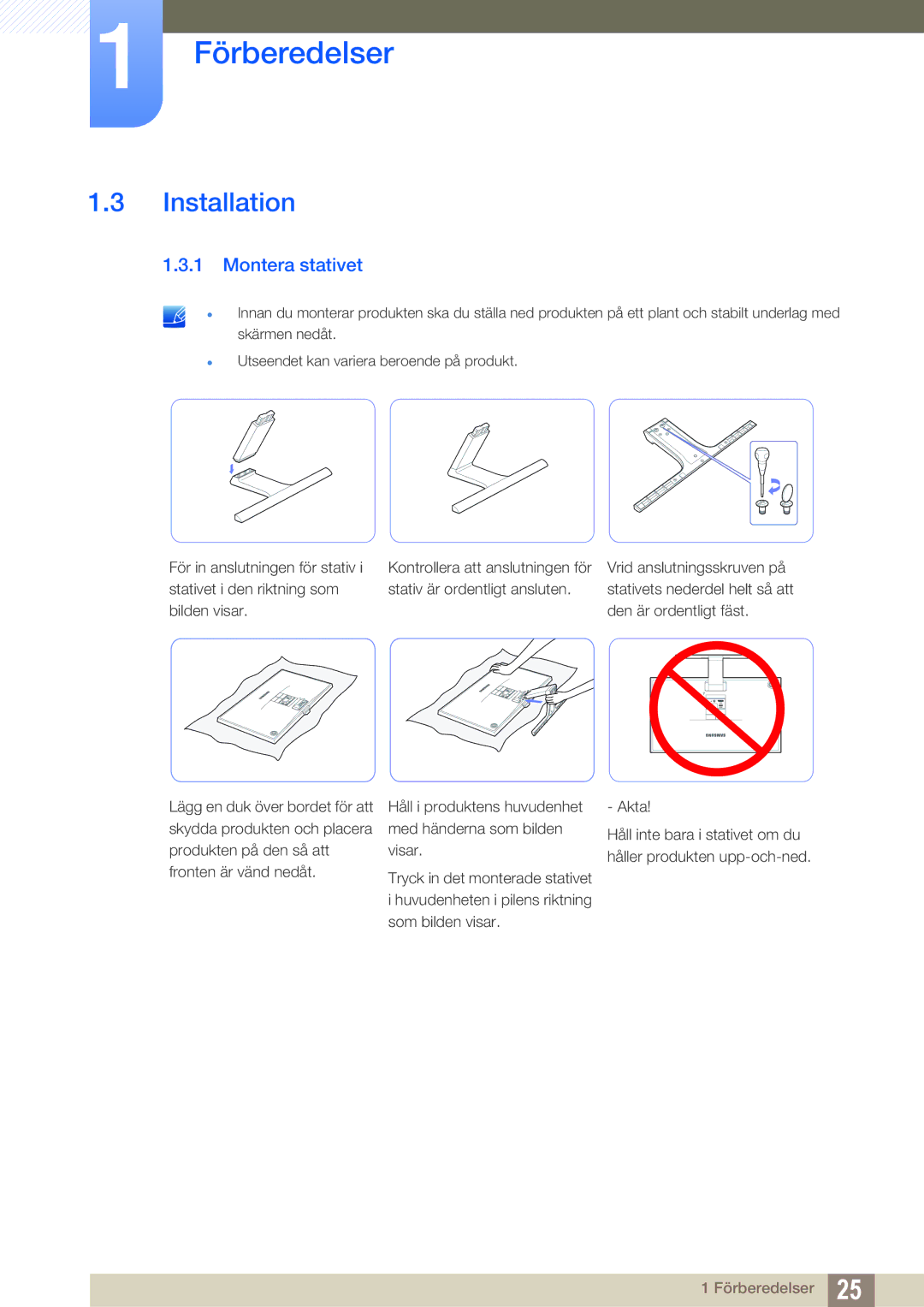 Samsung LS24E390HL/EN, LS27E390HS/EN, LS24E391HL/EN, LS22E390HS/EN, LS27E391HS/EN manual Installation, Montera stativet 