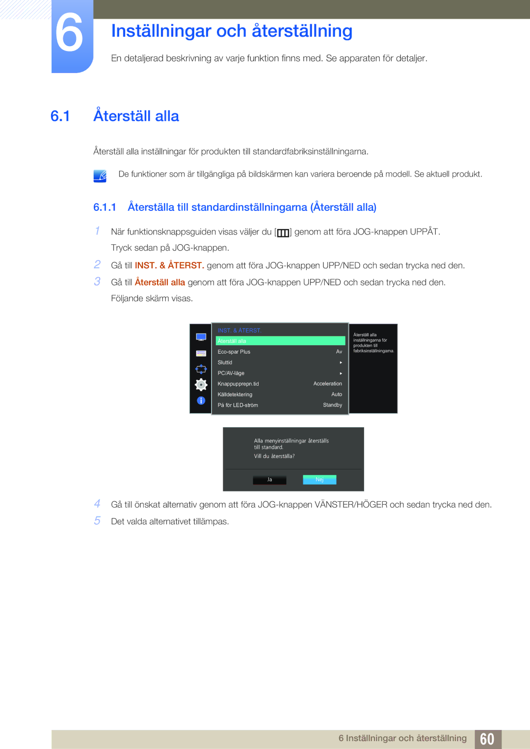 Samsung LS27E390HS/EN, LS24E390HL/EN, LS24E391HL/EN, LS22E390HS/EN manual Inställningar och återställning, Återställ alla 